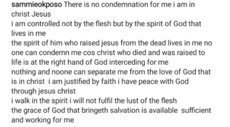 I will not fulfill the lust of the flesh - Sammie Okposo writes in new Instagram post
