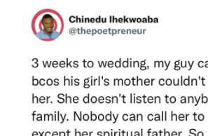 Twitter stories: Man calls off wedding because his fiance? only listens to her spiritual father