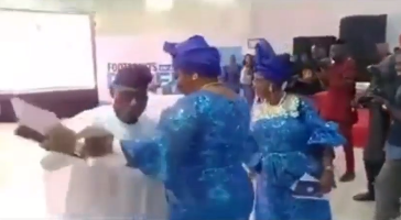 Former President, Olusegun Obasanjo, shows off his dancing skills at a birthday party