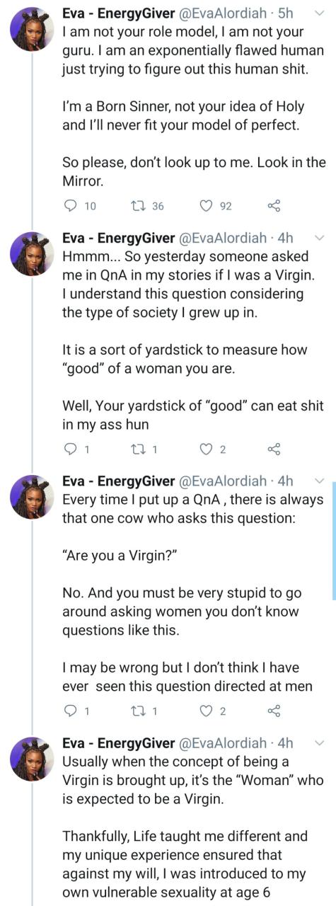 "I was introduced to my vulnerable sexuality at the age of 6" Eva Alordiah says after she was asked if she is a virgin