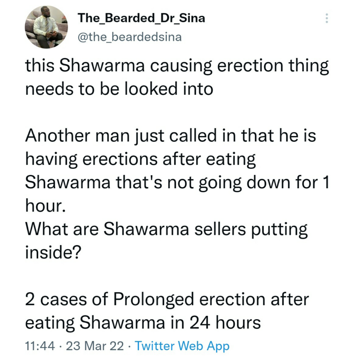 Nigerian doctor raises alarm as two men reported they had prolonged erection after eating Shawarma in Ibadan