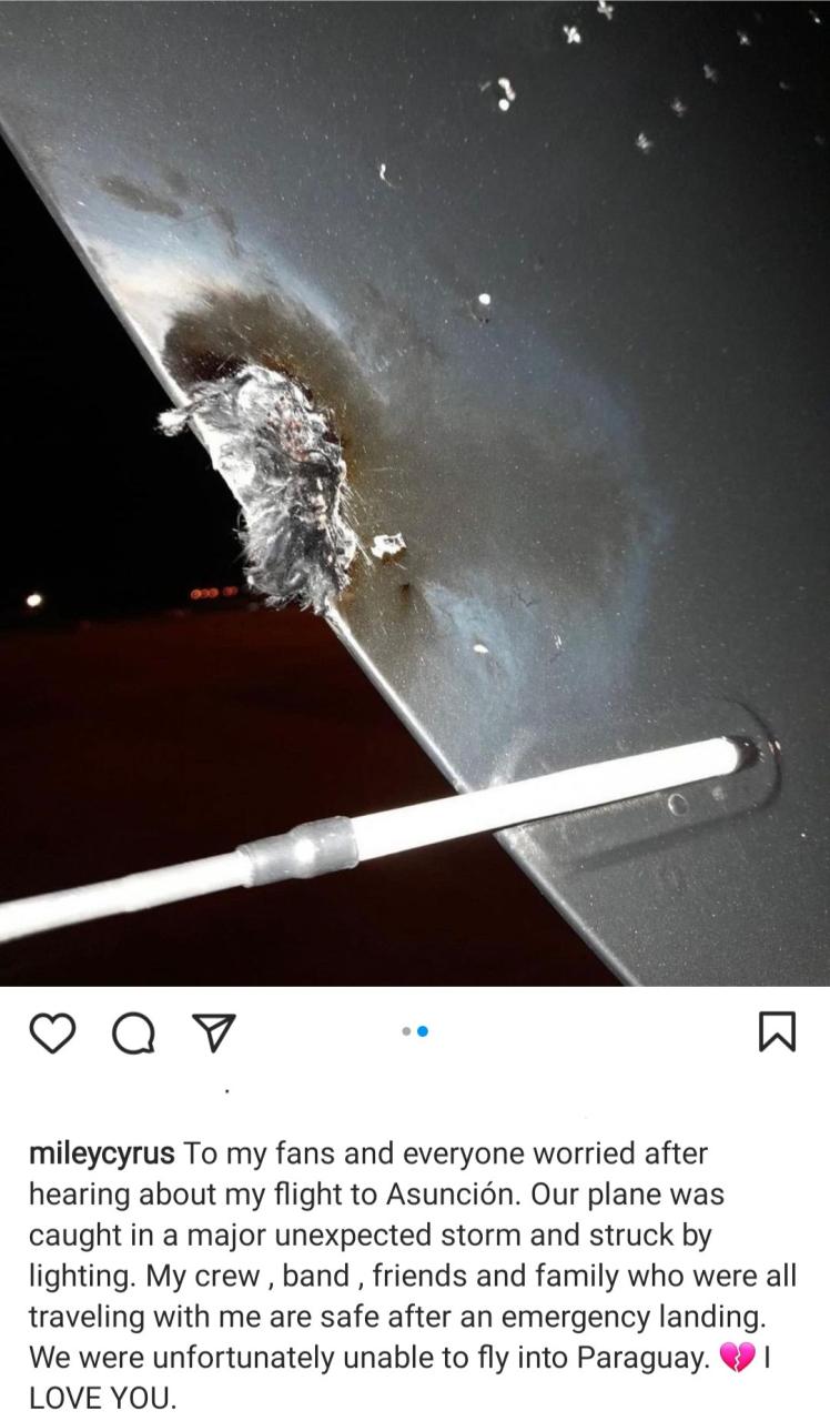 Miley Cyrus and her crew survive after their plane was struck and damaged by lightning causing them to make emergency landing