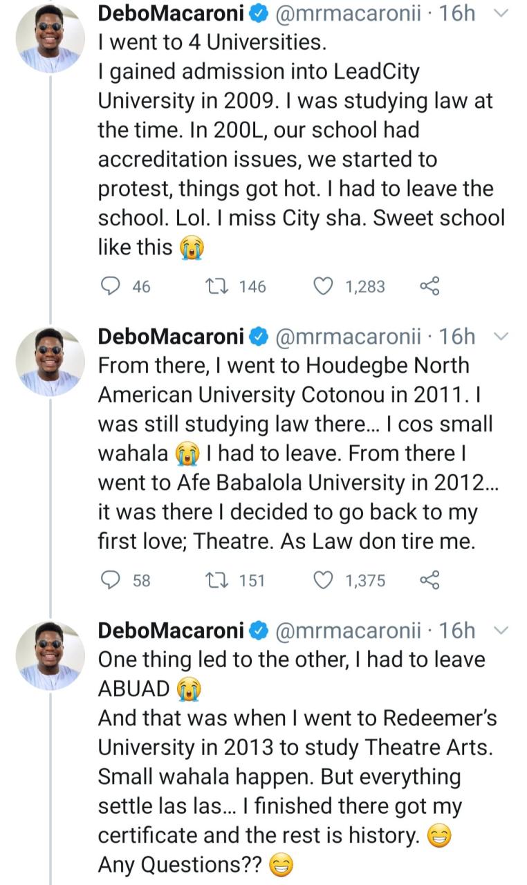 I went to 4 different universities before I graduated - Mr Macaroni shares his journey to getting a first degree