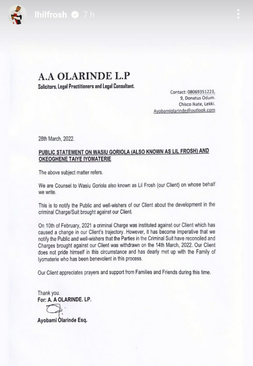 Domestic violence: Lil Frosh and girlfriend reconcile as she withdraws case from court