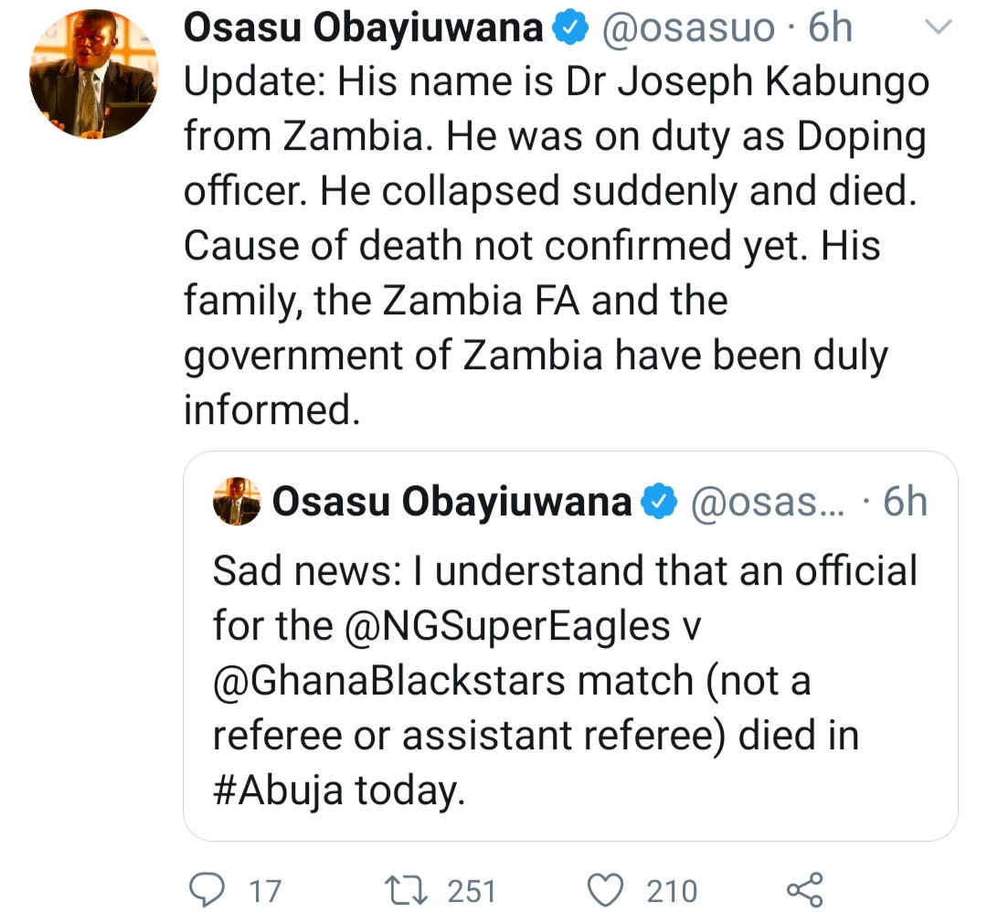 CAF Doping Officer dies after chaos at MKO Abiola stadium following 1-1 draw with Ghana
