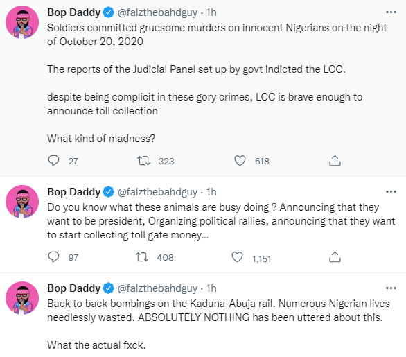 No electricity, fuel scarce, no jobs, students are not in school. Now rail bombings have been added to the mix - Falz decries the state of the nation