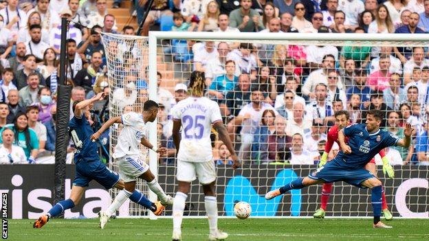 Rodrygo scoring Real Madrid's second goal against Espanyol
