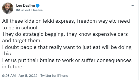 "From strategic begging to strategic robbery" Le DaSilva warns of the future dangers if kids begging on the streets of Lekki are not put in school