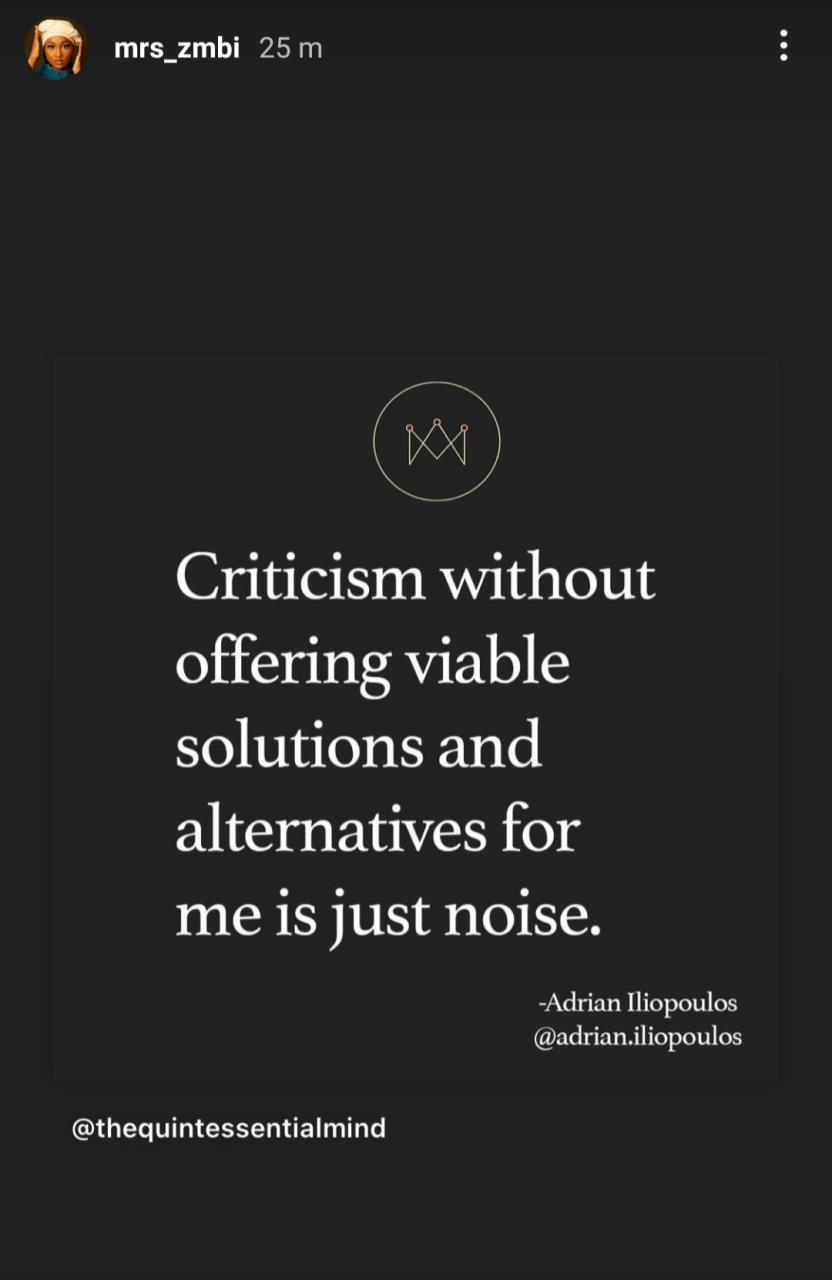 Zahra Buhari-Indimi reshares post calling out people who only criticize but never offer solutions