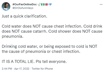 Drinking cold water does not cause Catarrh - Dr Olufunmilayo educates Nigerians