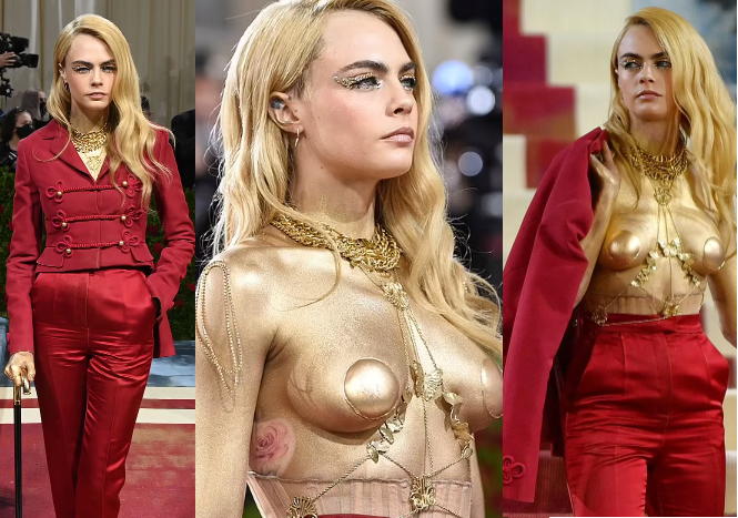 Cara Delevingne goes topless as she rips off her red jacket to unveil gold painted body at Met Gala (photos)