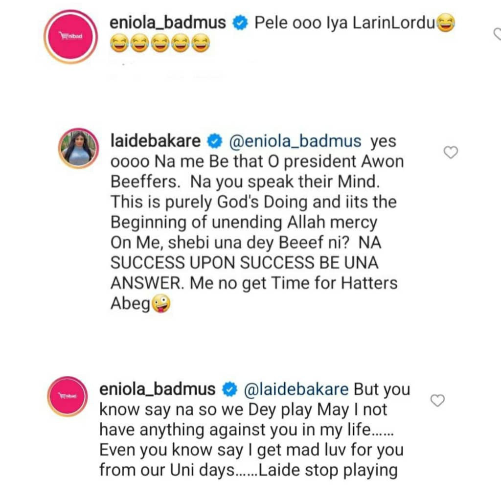 "President of beefers" Laida Bakre slams her colleague Eniola Badmus over comment she made on her post celebrating her new cars