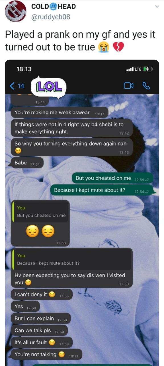 Man plays cheating prank on girlfriend only to discover she cheated