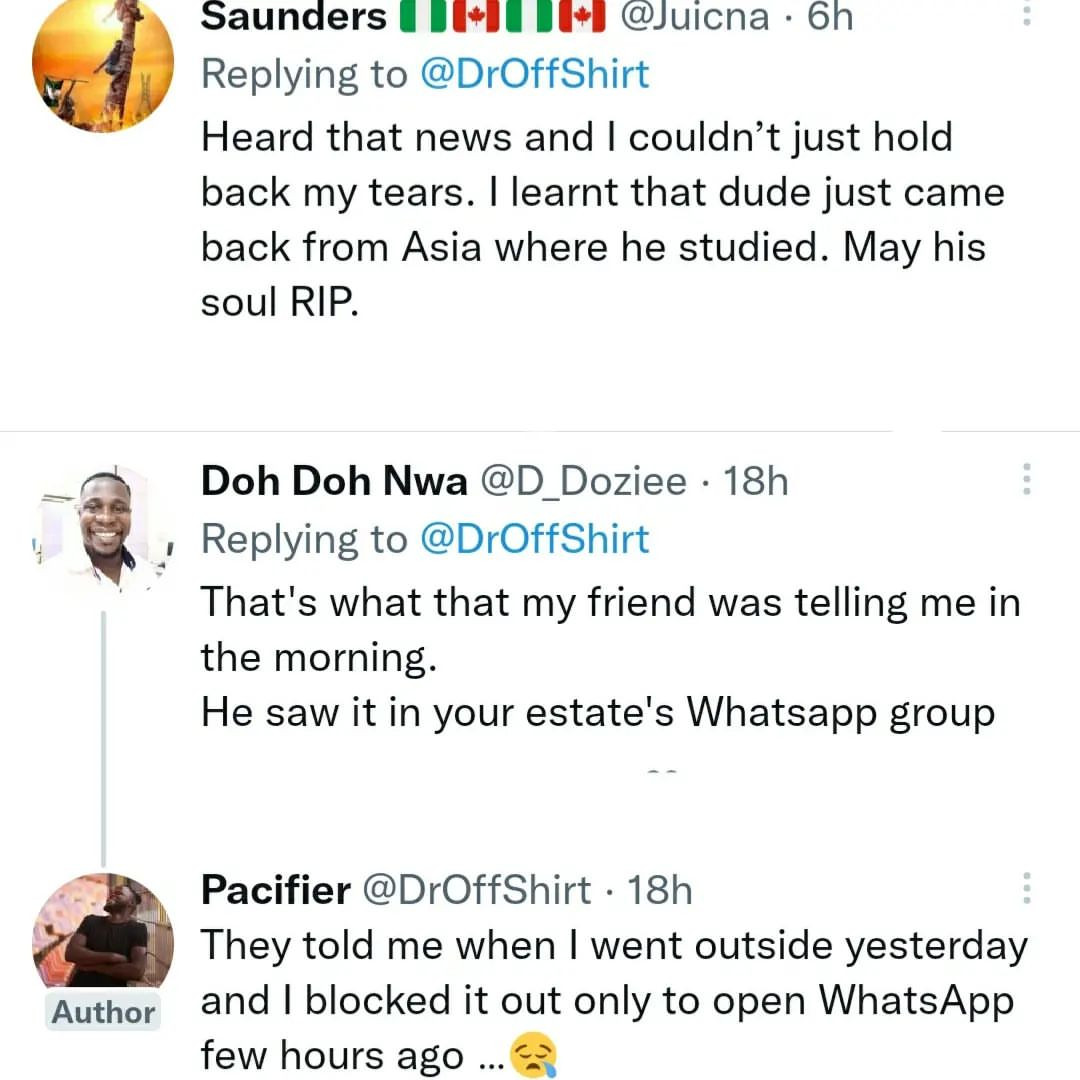 Twitter users mourn Nigerian medical doctor who came in from Asia for an exchange program in Nigeria but was 