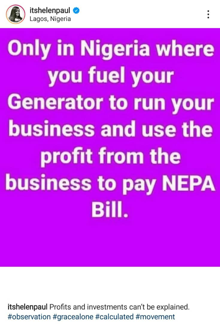 In Nigeria, you fuel your generator to run your business and use the profit to pay NEPA bill - Helen Paul addresses the plight of business owners