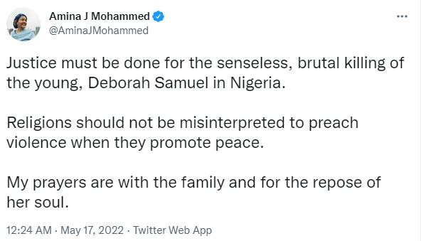 Justice must be done for the senseless and brutal killing of Deborah Samuel - UN Sec-Gen, Amina Mohammed