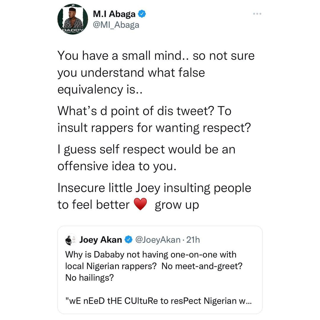MI Abaga and?journalist Joey Akan?throw brutal shots at each other on Twitter over US rapper?Dababy?s visit to Nigeria