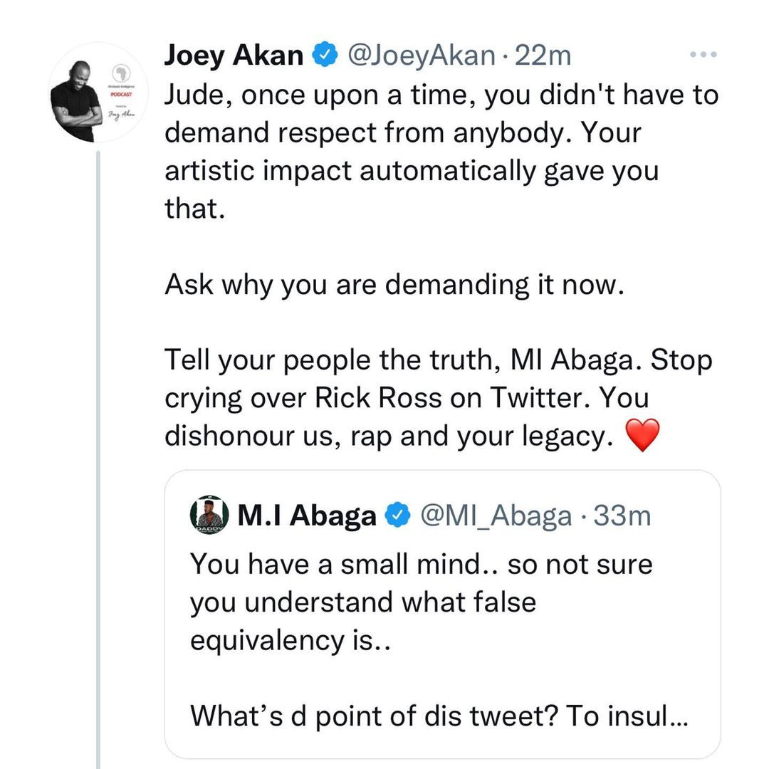 MI Abaga and?journalist Joey Akan?throw brutal shots at each other on Twitter over US rapper?Dababy?s visit to Nigeria
