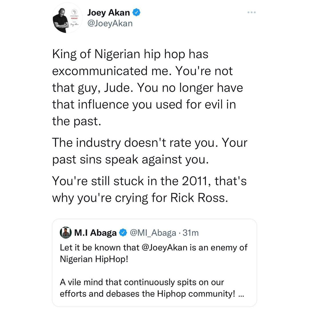 MI Abaga and?journalist Joey Akan?throw brutal shots at each other on Twitter over US rapper?Dababy?s visit to Nigeria