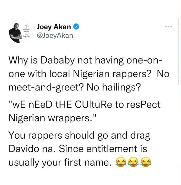 MI Abaga and?journalist Joey Akan?throw brutal shots at each other on Twitter over US rapper?Dababy?s visit to Nigeria