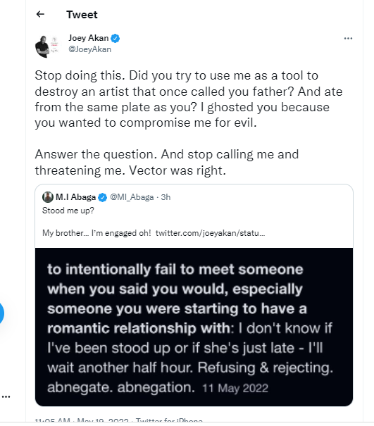 MI Abaga and?journalist Joey Akan?throw brutal shots at each other on Twitter over US rapper?Dababy?s visit to Nigeria