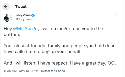 MI Abaga and?journalist Joey Akan?throw brutal shots at each other on Twitter over US rapper?Dababy?s visit to Nigeria