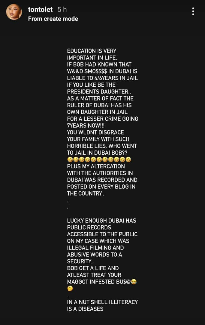 Tonto Dikeh counters Bobrisky