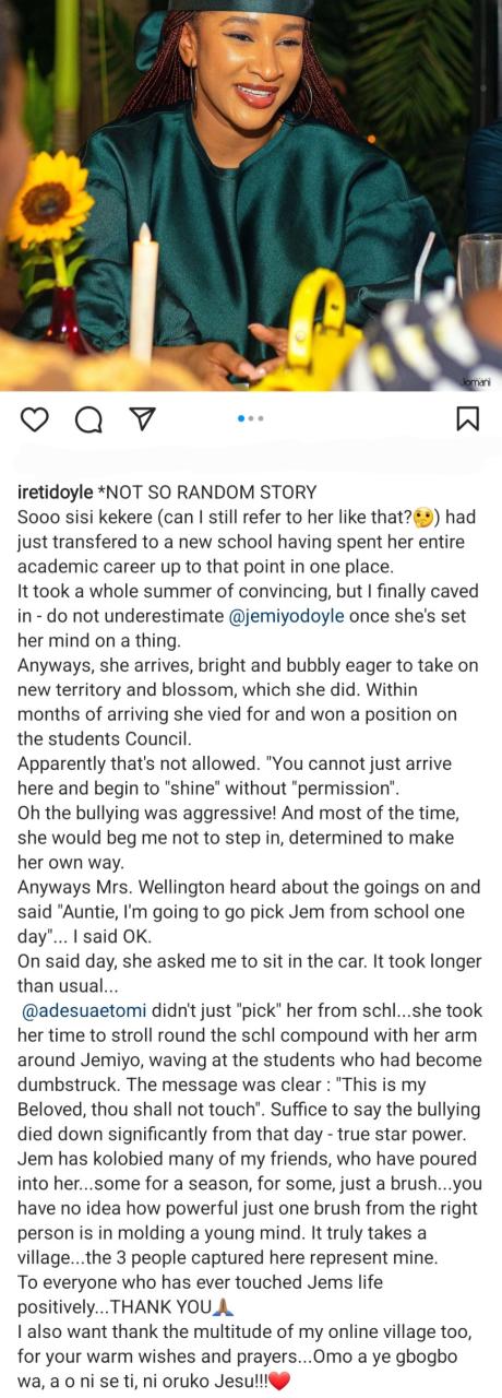 Actress Ireti Doyle narrates how Adesua Etomi stepped in to intervene when her daughter was being bullied at school