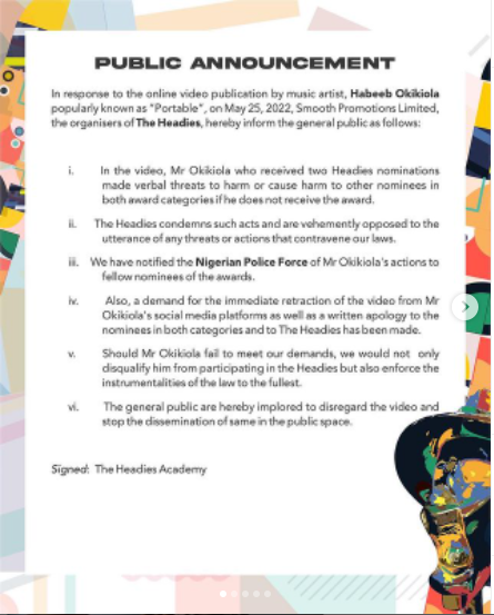 Headies Organizers report singer Portable to police over death threat to co-nominees as they threaten to disqualify him  (Video)