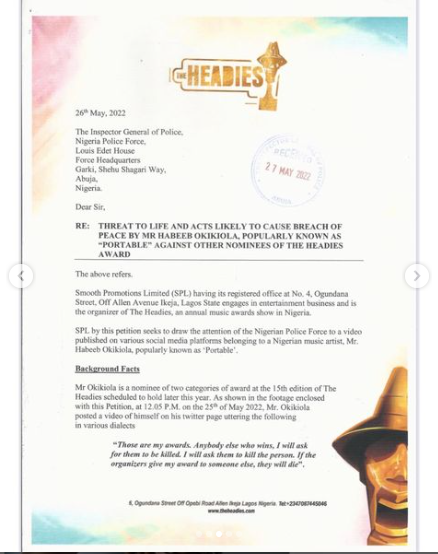 Headies Organizers report singer Portable to police over death threat to co-nominees as they threaten to disqualify him  (Video)