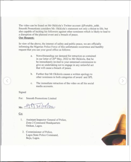Headies Organizers report singer Portable to police over death threat to co-nominees as they threaten to disqualify him  (Video)