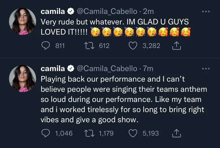 Camila Cambello calls out Liverpool and Real Madrid supporters for drowning out the sound of her nearly six-minute opener at UEFA Champions League finals