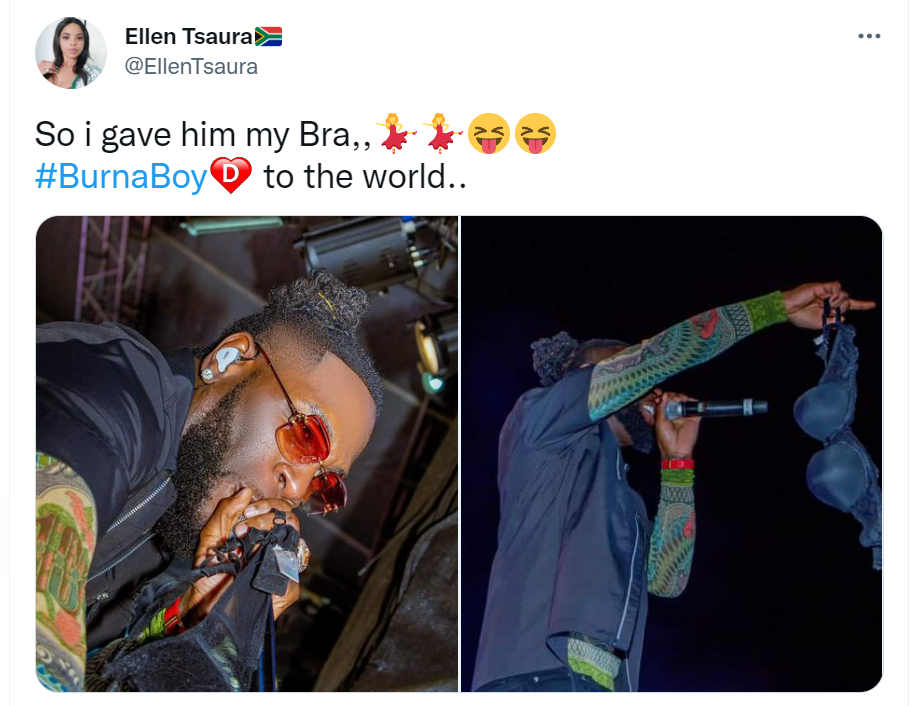 Lady proudly announces that she gave Burna Boy her bra, shares photos of him holding it up 