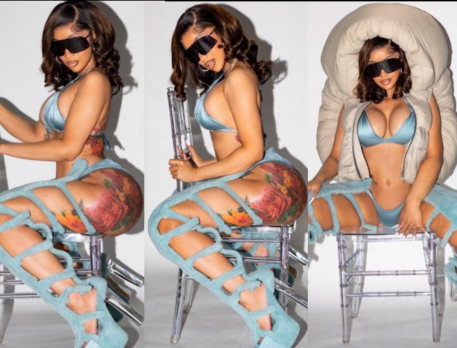Cardi B showcases her ample cleavage and curves in blue bikini during sultry photo shoot