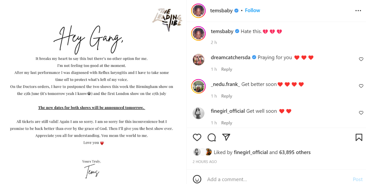 Singer Tems takes a break from music after being diagnosed with reflux laryngitis