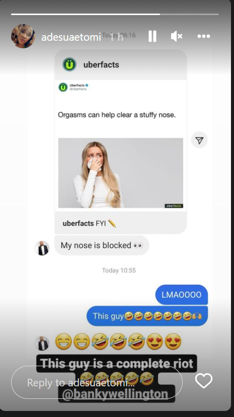 My nose is blocked - Banky W tells Adesua Etomi while reacting to an Uber Fact that orgasms clear a stuffy nose