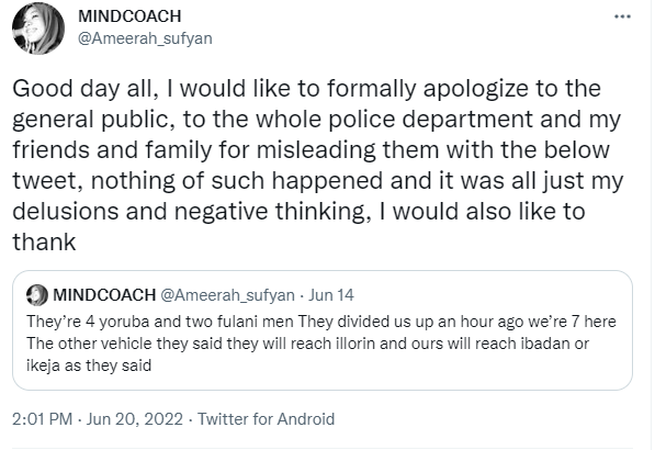 Abuja Lady who raised false kidnap alarm finally speaks, apologizes for misleading the public