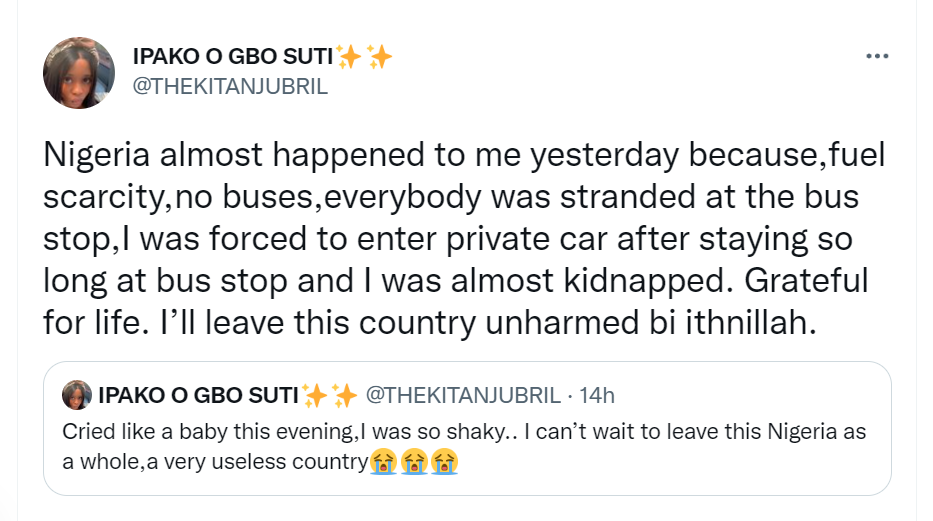 Lady vows to leave Nigeria after she was almost kidnapped due to fuel scarcity