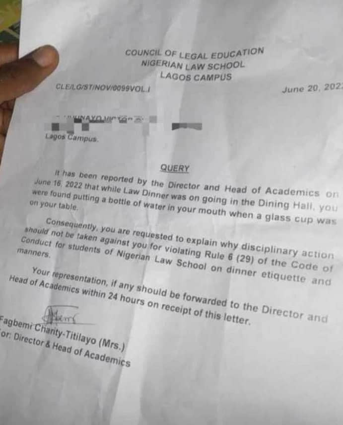 Twitter stories: Law student set to face disciplinary action for drinking water from a bottle instead of a glass cup at Law dinner