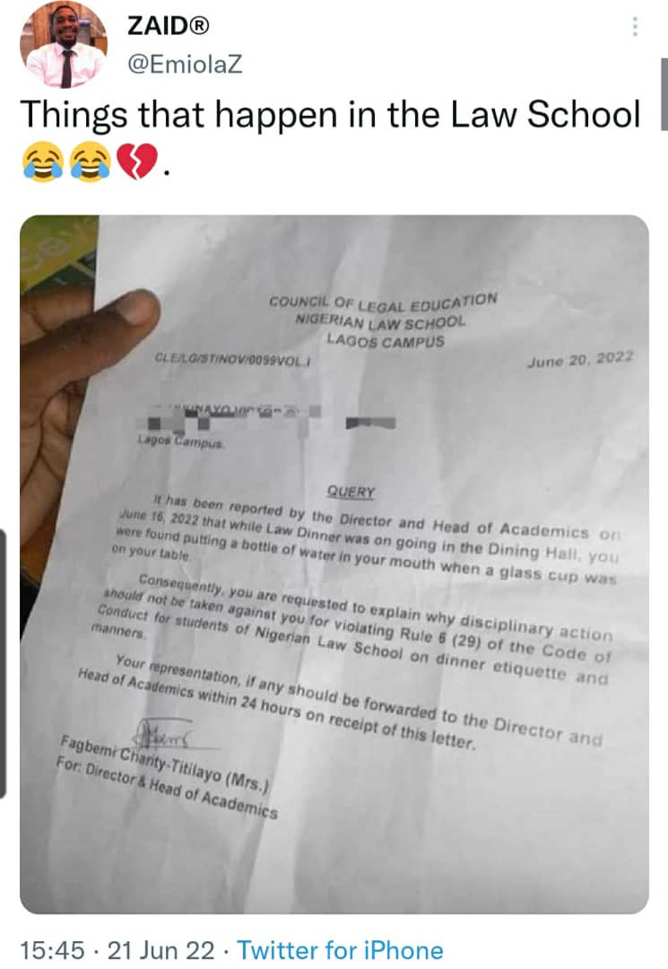 Twitter stories: Law student set to face disciplinary action for drinking water from a bottle instead of a glass cup at Law dinner