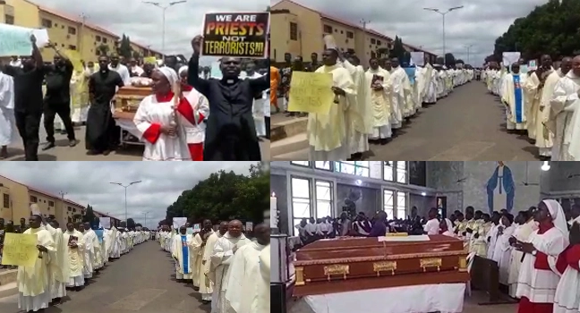 Hundreds of Catholic priests protest as colleague Fr. Vitus Borogo killed by terrorists is buried in Kaduna (photos)