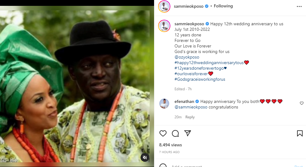 Gospel artiste Sammie Okposo and wife Ozioma celebrate 12th wedding anniversary
