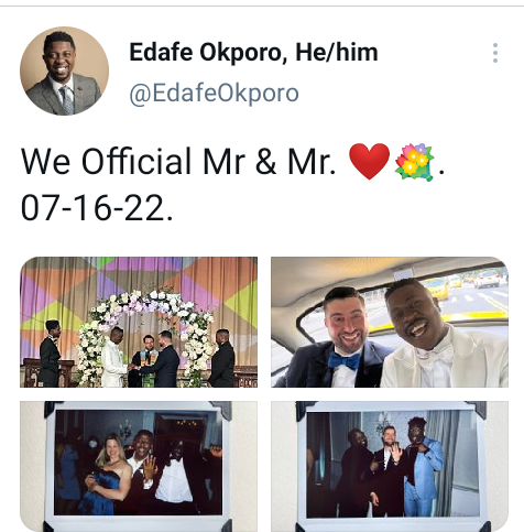 Nigerian gay rights activist, Edafe Okporo and his lover, Nick Giglio get married 