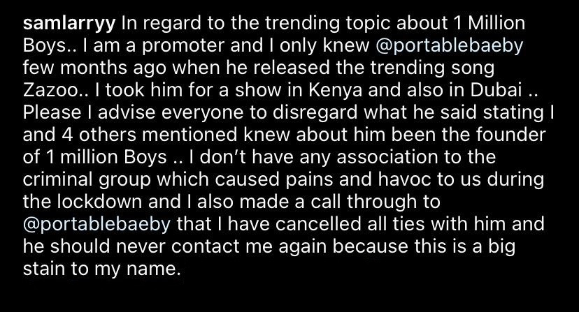 Show promoter, Sam Larry distances himself from Portable