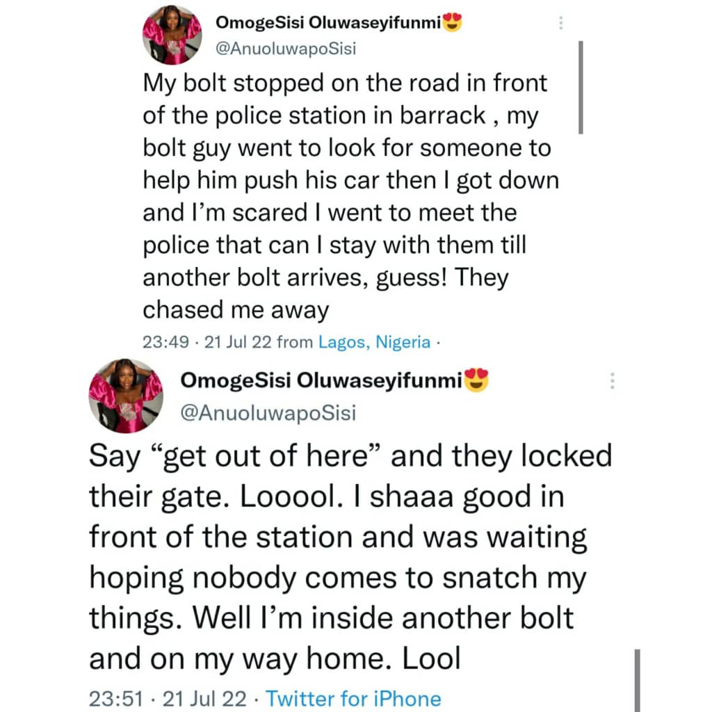 Twitter user accuses police officers of chasing her away after she ran to a police barracks for safety