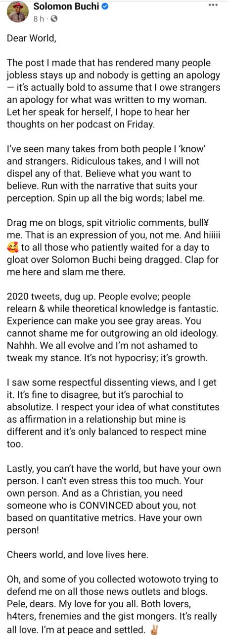 "The post stays up and nobody is getting an apology" Solomon Buchi tells critics of his viral post about his fianc?e