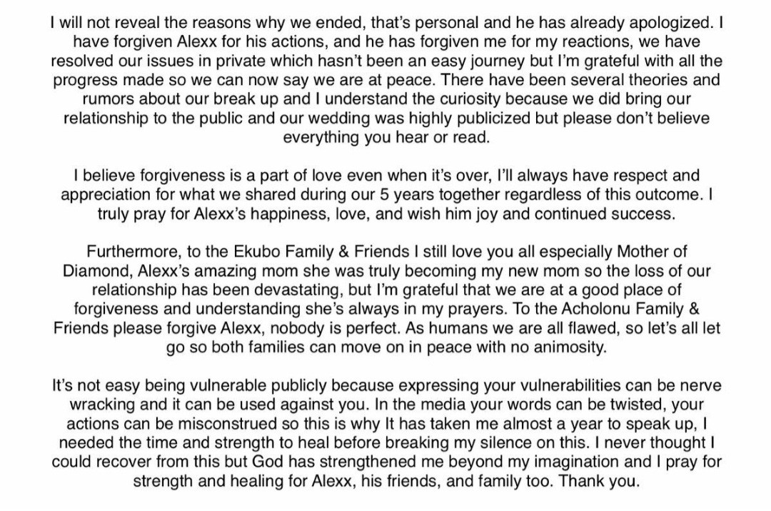 Fancy Acholonu clears the air as she apologises for her choice of words while announcing her separation from Alex Ekubo