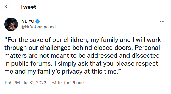 "My family and I will work through our challenges behind closed doors" - Singer, Ne-Yo responds to his wife