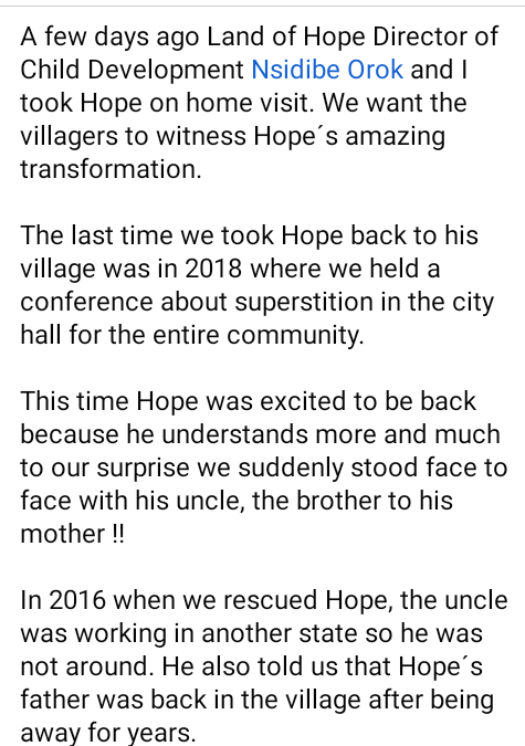 Akwa Ibom boy, Hope reunites with his father six years after he was branded a witch, stigmatized and left to starve to death 