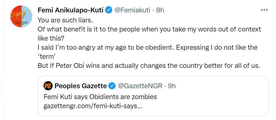 If Peter Obi wins and actually changes the country, better for all of us - Femi Kuti says as he denies calling 